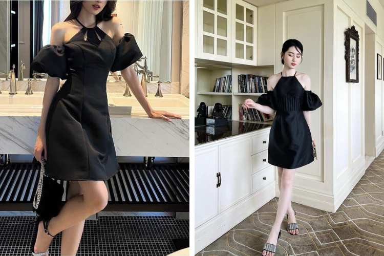 đầm vải tafta cổ yếm