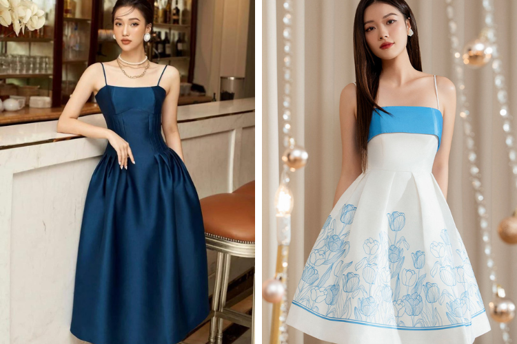 đầm gấm tafta 2 dây chiết eo