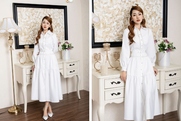 đầm tafta phối ren xếp ly
