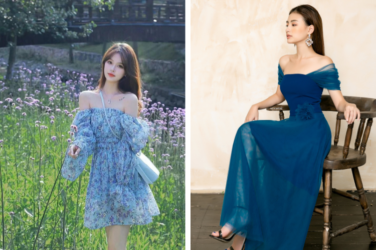 đầm xanh dương trễ vai đầm xanh dương trễ vai