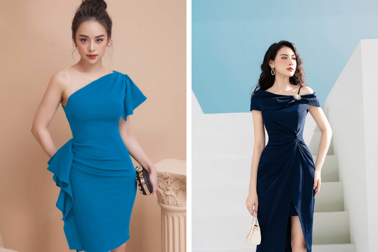đầm xanh dương lệch vai đầm xanh dương lệch vai