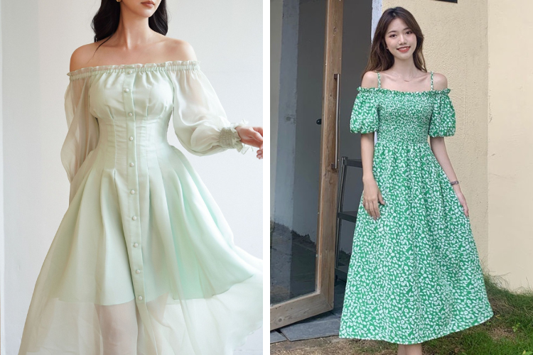Đầm xanh lá trễ vai