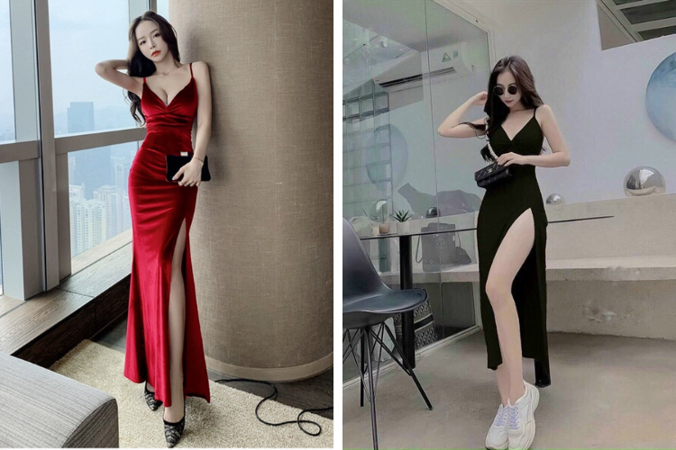 đầm maxi xẻ tà 2 dây