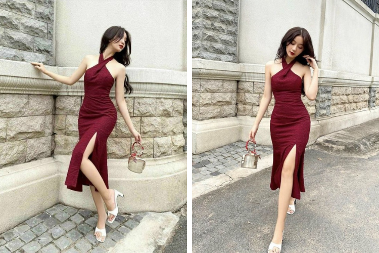 đầm xẻ tà cổ yếm