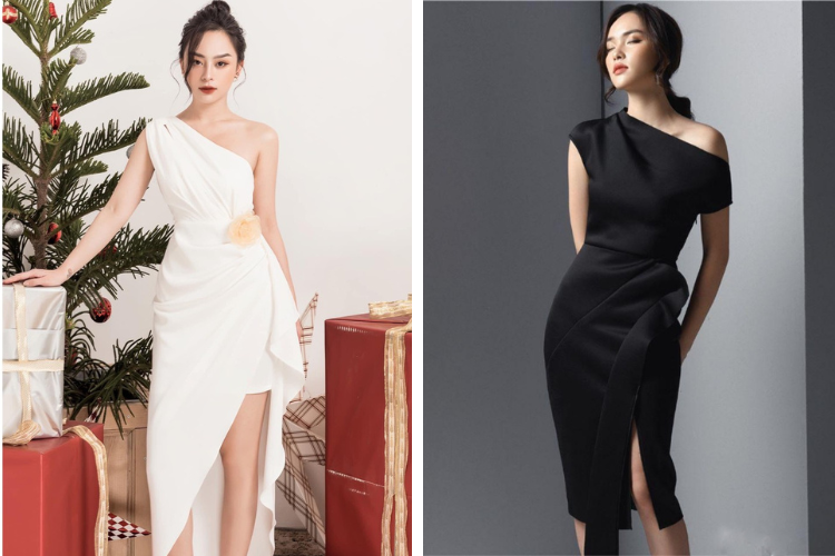đầm xẻ tà lệch vai
