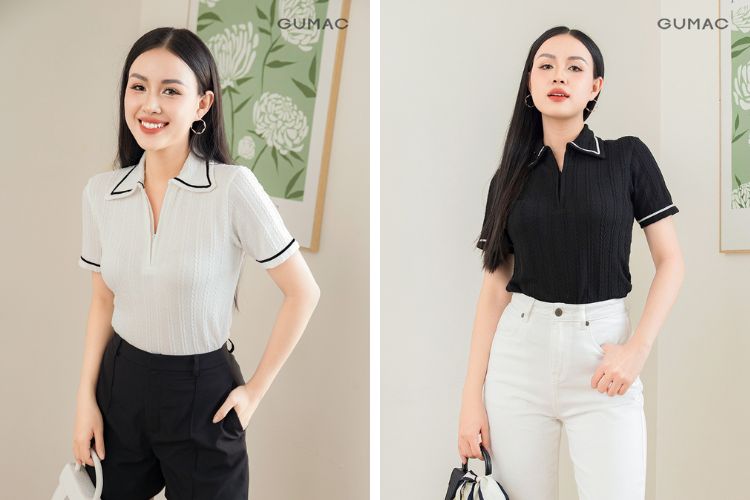 áo thun nữ polo bo phối viền