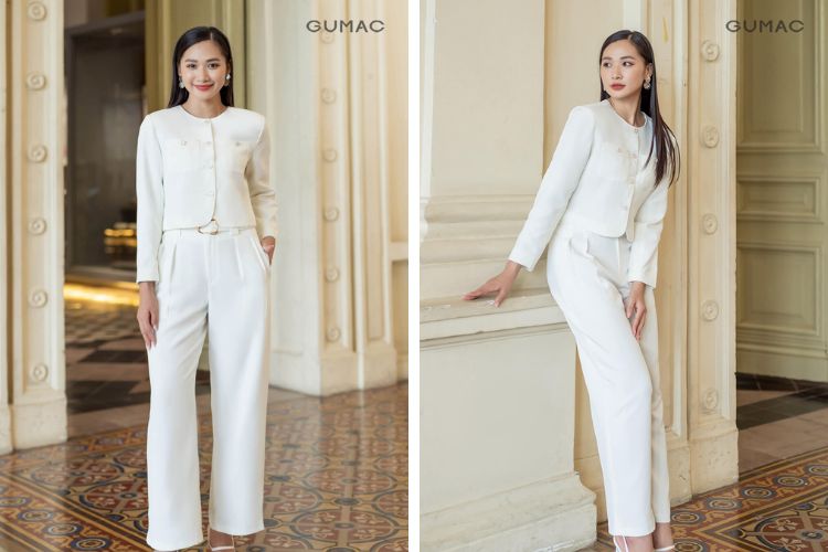 Quần tây nữ ống rộng phối áo sơ mi&nbsp;