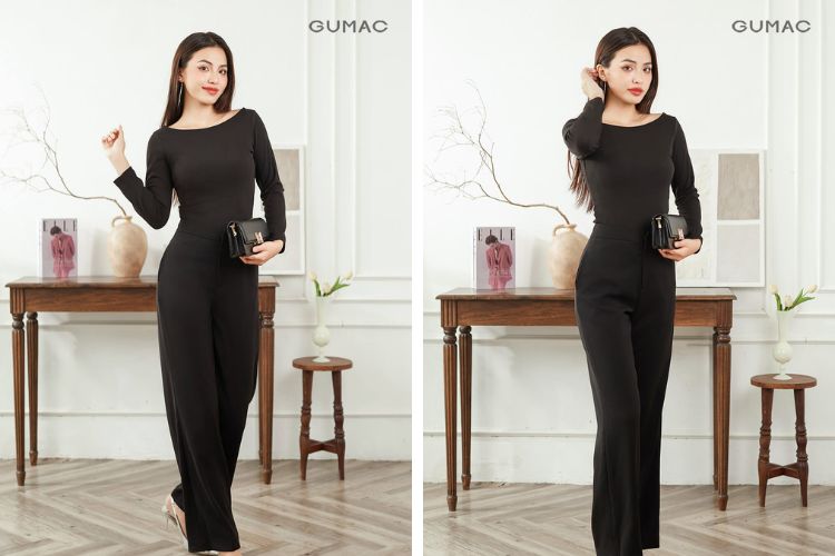 Quần tây nữ ống rộng phối áo thun&nbsp;