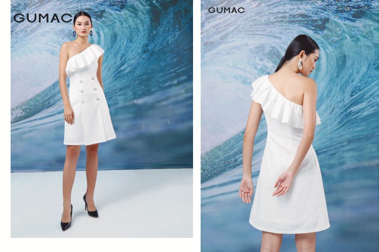 Váy liền thân xếp ly trễ vai