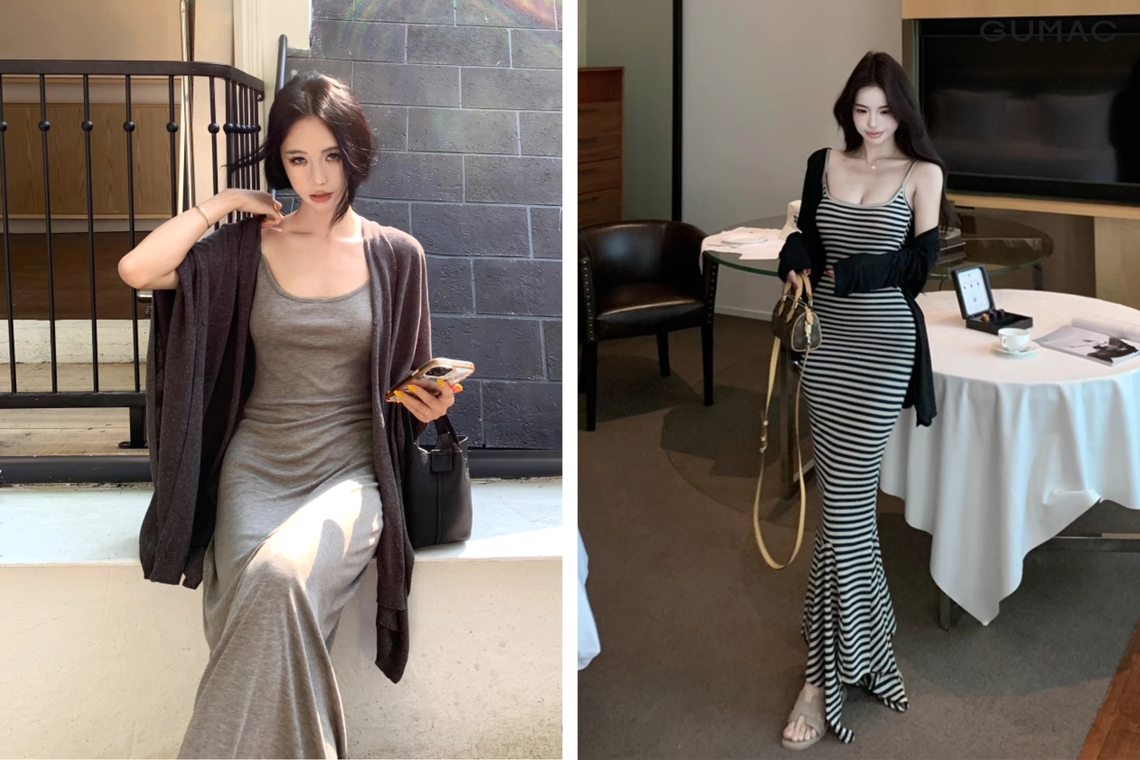 đi Bà Nà Hill mặc đầm body dài với áo cardigan