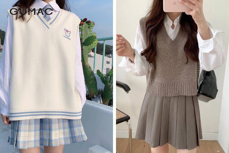 Áo sơ mi trắng basic cùng chân váy chữ A và áo Gile