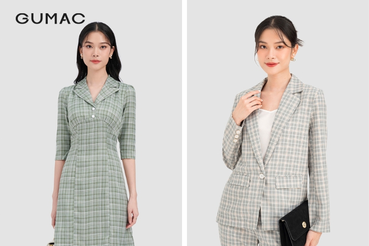 Váy đầm caro và áo khoác Blazer