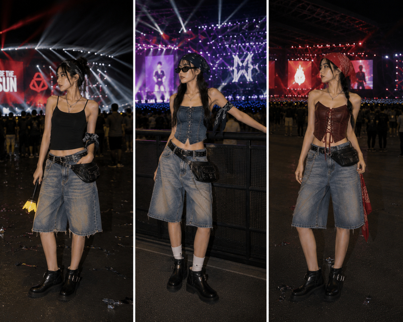 Áo hai dây ôm hoặc corset kết hợp jorts, kiểu quần short denim dáng dài và rộng, tạo nên bản phối phóng khoáng đậm chất đường phố.
