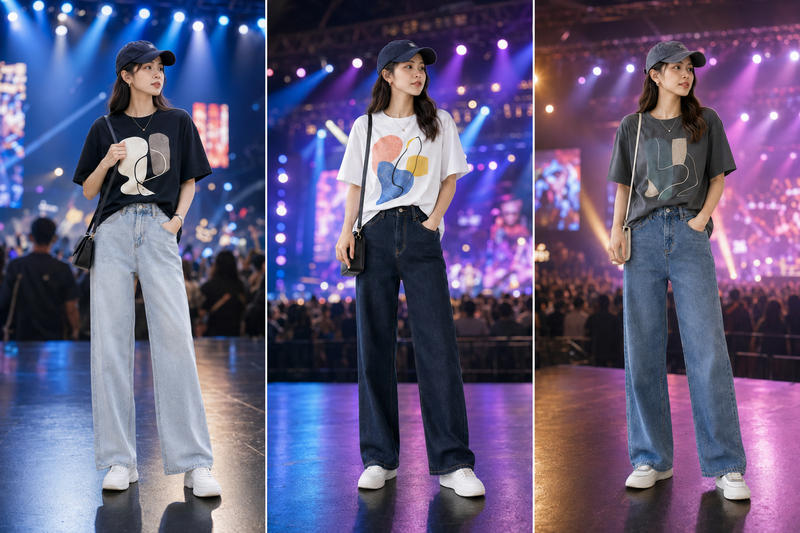 Áo thun graphic phối quần jeans ống suông tạo nên outfit concert trẻ trung, dễ mặc và không hạn chế chuyển động.