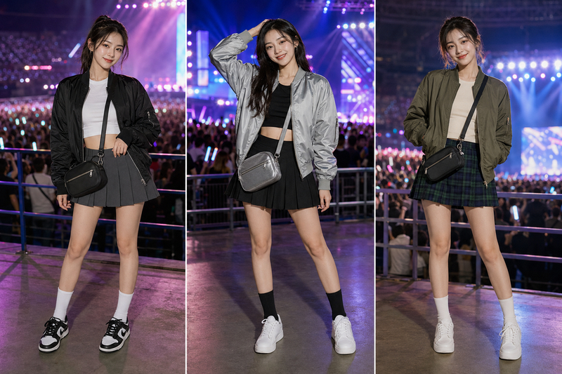 Bomber jacket kết hợp chân váy xếp ly tạo sự cân bằng giữa nét khỏe khoắn và nữ tính, phù hợp với các concert thần tượng trẻ.