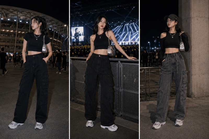 Croptop ôm vừa kết hợp quần cargo cạp cao giúp cân bằng tỷ lệ cơ thể và tạo vẻ ngoài khỏe khoắn.