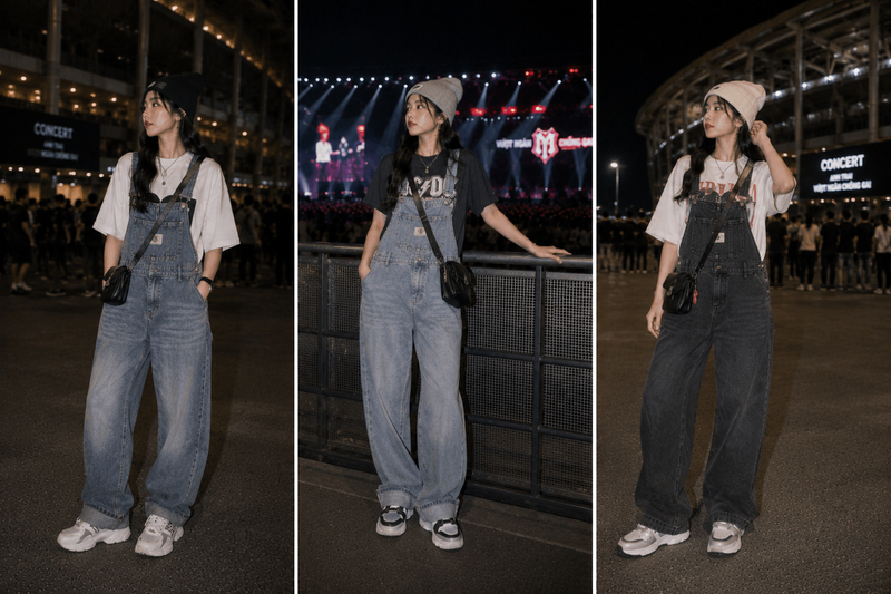 Quần yếm denim mặc cùng áo thun trơn hoặc áo graphic tạo nên set đồ tinh nghịch, trẻ trung.