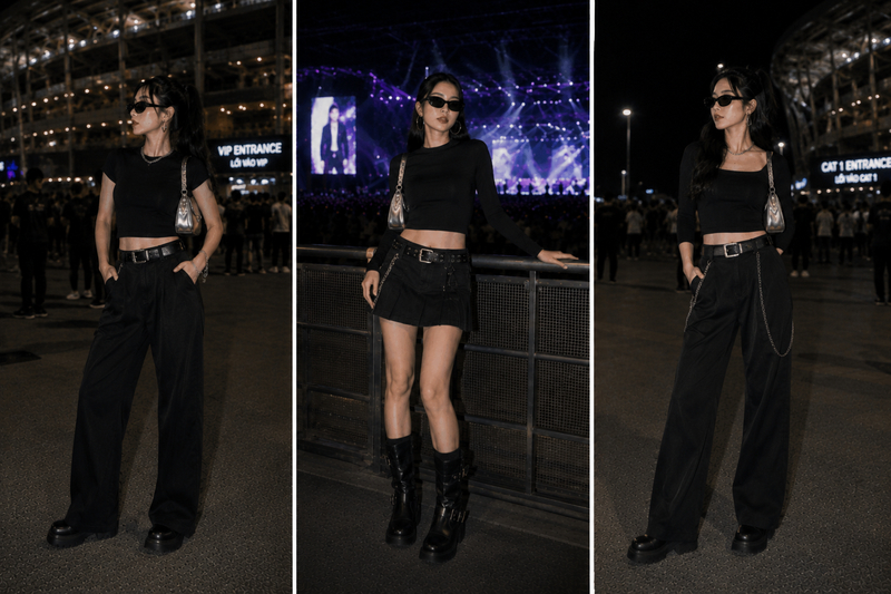 Set all black gồm áo ôm phối quần suông hoặc chân váy ngắn tạo cảm giác sắc sảo, phù hợp với concert EDM và Hip-hop.