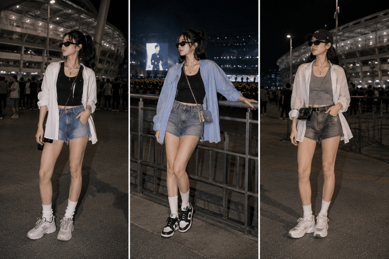 Tank top phối short denim mang lại cảm giác gọn gàng, trong khi sơ mi khoác ngoài giúp set đồ có thêm lớp và thuận tiện che nắng khi xếp hàng.