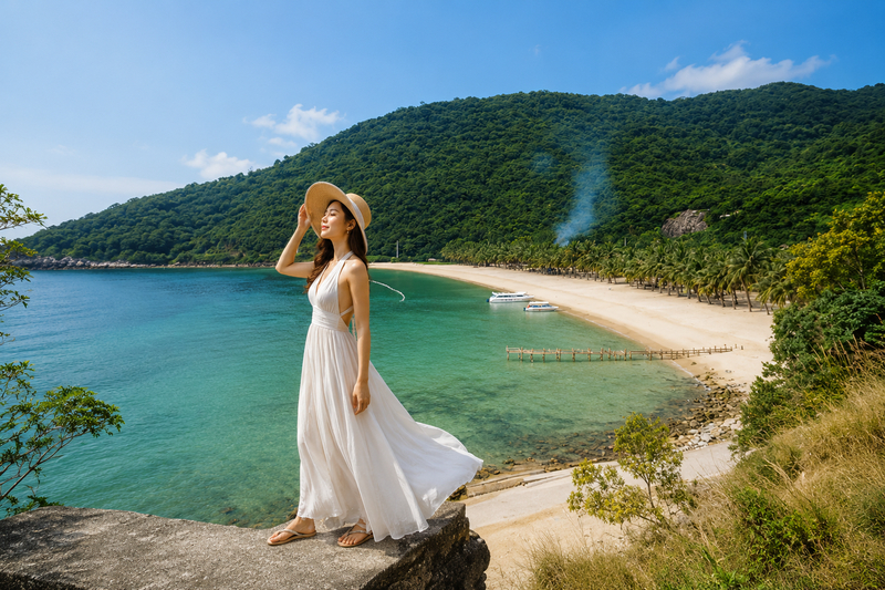 Diện váy maxi voan dài phối mũ cói rộng vành check-in Bãi Ông thơ mộng. (Ảnh được tạo bởi AI)