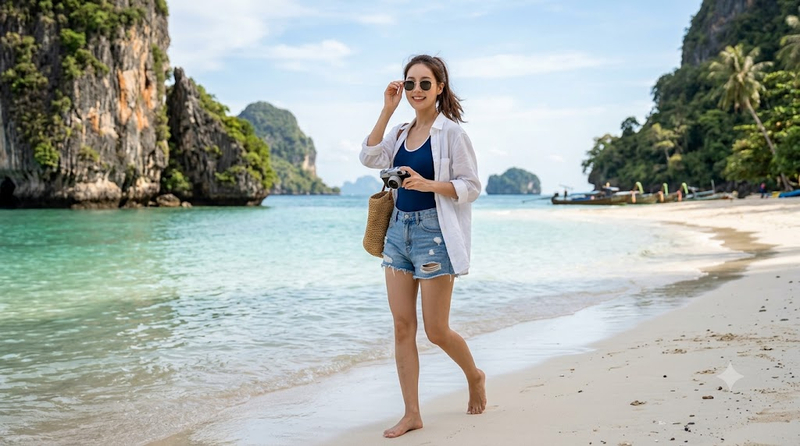 Outfit đồ bơi phối quần short jeans rách khỏe khoắn khám phá biển đảo. (Ảnh được tạo bởi AI)