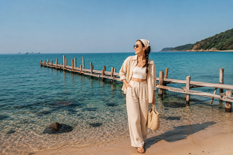 Set đồ linen ton-sur-ton trendy check-in ven biển Cù Lao Chàm. (Ảnh được tạo bởi AI)