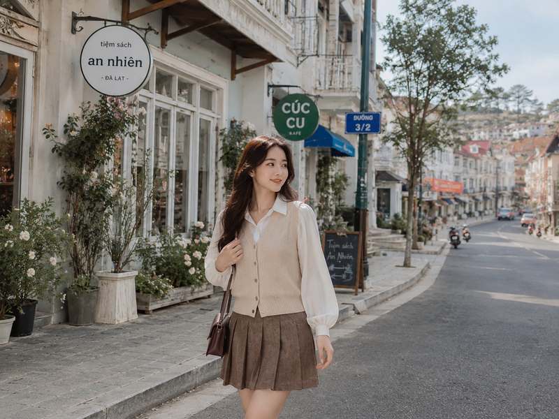 Áo gile phối sơ mi tay bồng phong cách Hàn Quốc dạo phố Đà Lạt. (Ảnh được tạo bởi AI)