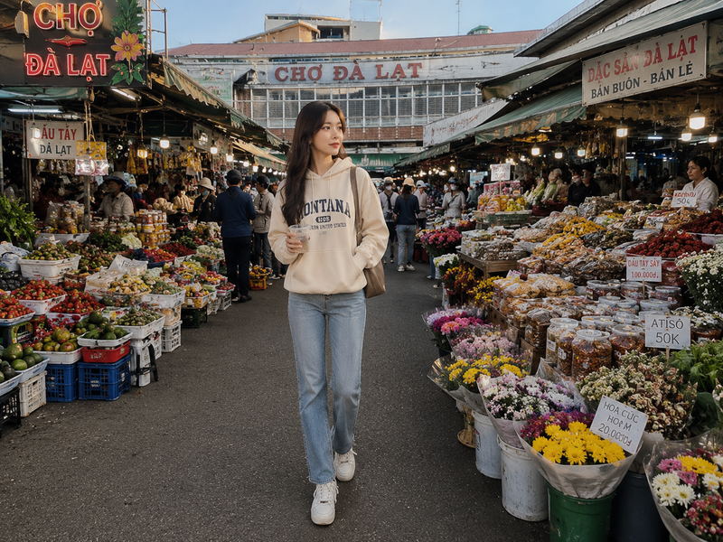 Áo hoodie phối quần jeans ống đứng trẻ trung dạo chợ Đà Lạt. (Ảnh được tạo bởi AI)