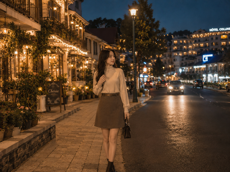 Áo len cổ lọ phối chân váy dạ chữ A thanh lịch giữa phố núi. (Ảnh được tạo bởi AI)