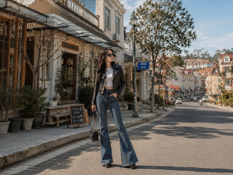 Outfit áo khoác da biker phối quần jeans ống loe cực chất tại Đà Lạt. (Ảnh được tạo bởi AI)