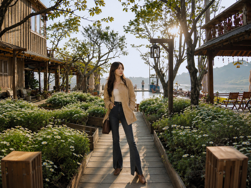 Outfit áo khoác da lộn phối quần ống loe cực cá tính tại Đà Lạt. (Ảnh được tạo bởi AI)
