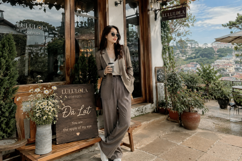 Outfit blazer phối quần tây thanh lịch check-in cafe Đà Lạt. (Ảnh được tạo bởi AI)