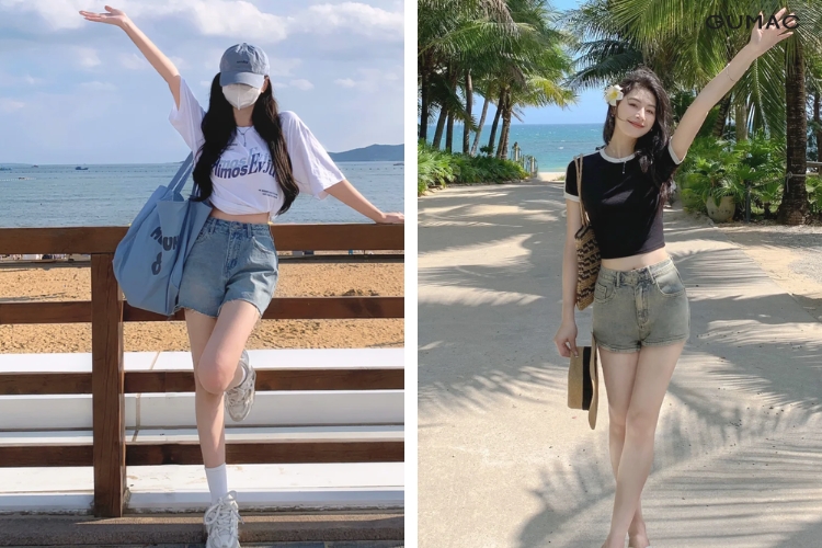 phoi quan short jean voi ao croptop ca tinh
