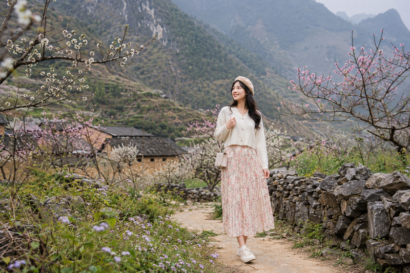 Áo cardigan dáng ngắn kết hợp cùng chân váy hoa midi mang đến vẻ ngoài nữ tính, nhẹ nhàng và phù hợp với khung cảnh mùa xuân vùng cao.