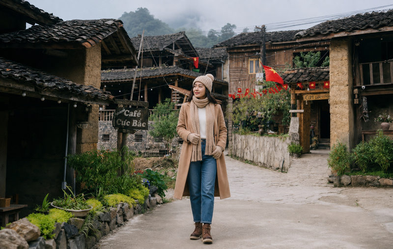 Áo cổ lọ giữ nhiệt kết hợp quần jeans ống đứng giúp vóc dáng trông gọn gàng và bảo vệ cơ thể trước thời tiết lạnh.