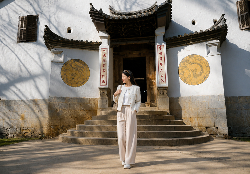 Áo khoác tweed, áo thun trơn và quần ống suông tạo nên vẻ ngoài thanh lịch mà không gây bất tiện.