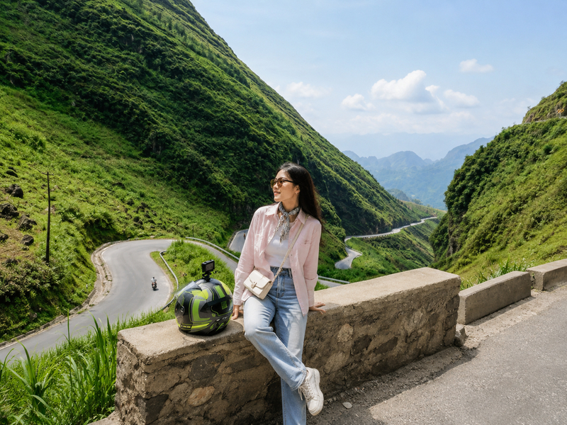 Áo sơ mi pastel và quần jeans ống đứng tạo nên một outfit đi Hà Giang trẻ trung, gọn gàng và thuận tiện khi di chuyển.
