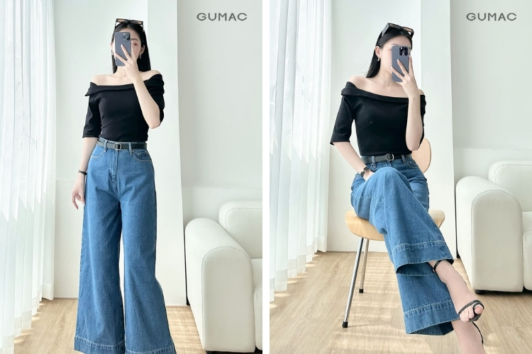 Mix áo thun trễ vai cùng quần jean dài năng động