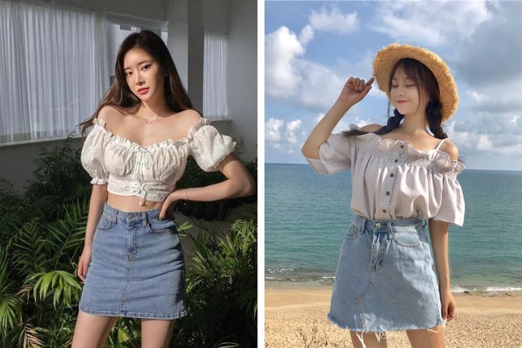 Phối đồ đi Phú Quốc với áo trễ vai cùng chân váy