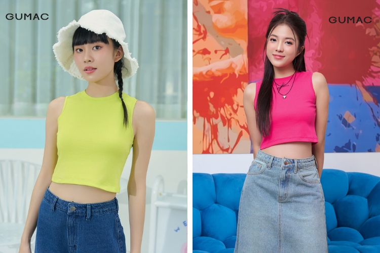 Mix áo tank top cùng chân váy jean phong cách