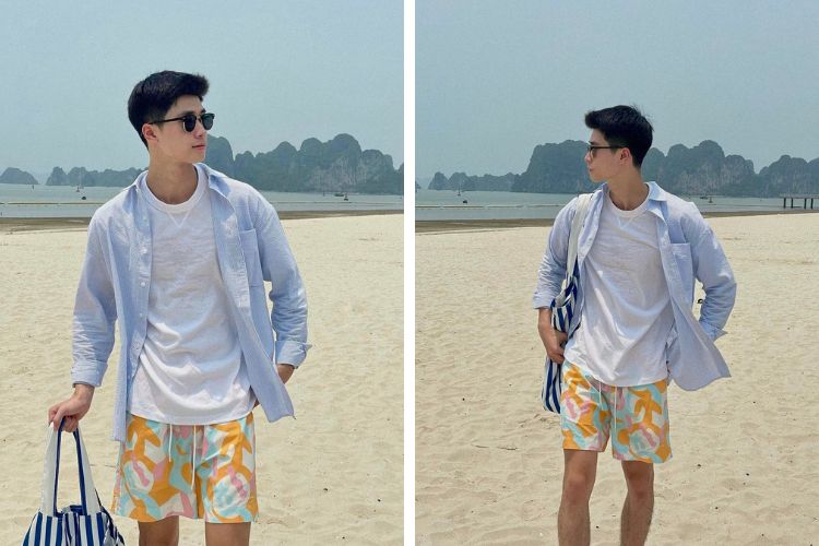 Áo thun trắng kết hợp áo khoác sơ mi cùng quần short
