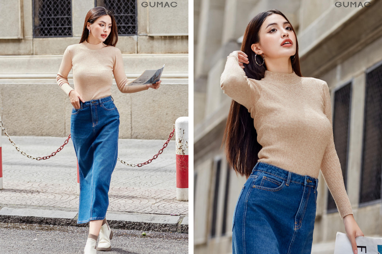 Áo len phối chân váy jean đi xem bắn pháo hoa