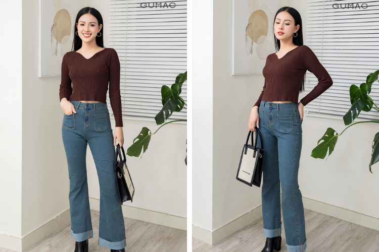 Áo len kết hợp quần ống loe đi xem bắn pháo hoa