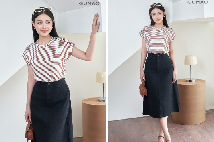 Áo thun mix chân váy jean midi đi xem bắn pháo hoa