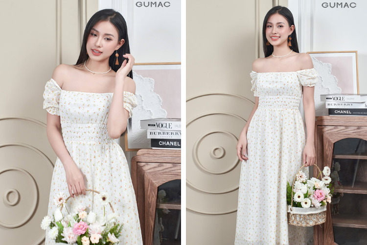 Đầm maxi trễ vai đi xem bắn pháo hoa