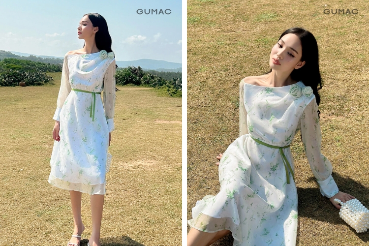  Đi Cát Bà mặc váy lệch vai cách điệu xinh xắn