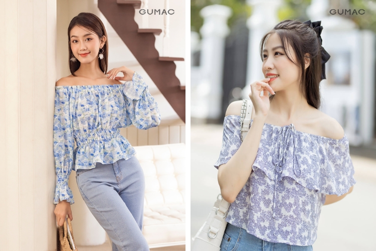 Mặc áo trễ vai mix cùng quần jean ống rộng