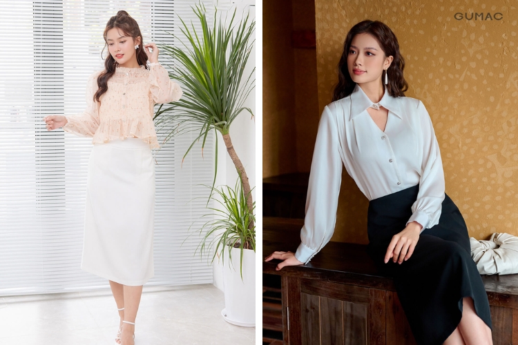 Kết hợp áo kiểu với chân váy midi thời trang