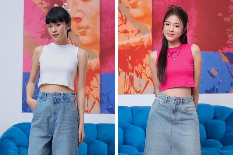 Mix áo tank top với chân váy jean dài cho nàng dạo biển