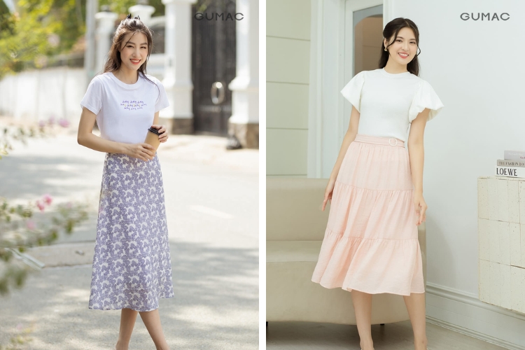 Mix chân váy dài cùng áo thun trẻ trung đi biển
